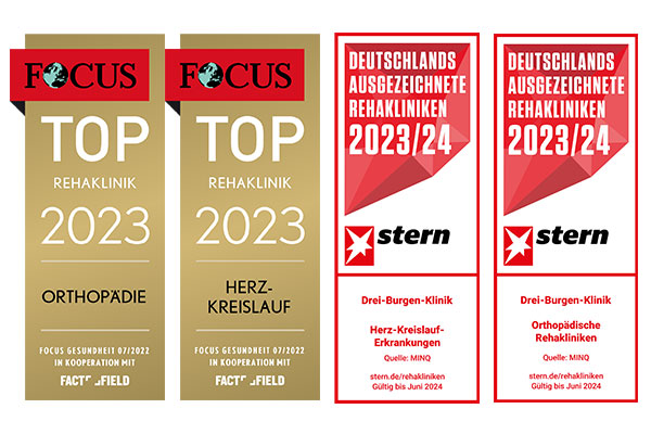 Focus-Siegel TOP Rehaklinik 2022 Herz-Kreislauf und Orthopädie, Stern-Siegel Deutschlands ausgezeichnete Rehakliniken 2022/2023 Herz-Kreislauf und Ausgezeichneter Service