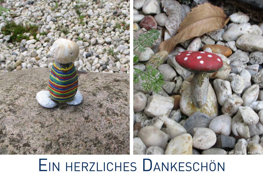 Zwei Bilder mit jeweils einer Steinfigur: links ein Männchen mit buntgestreiften Körper, rechts ein Fliegenpilz. Darunter steht in dunkelblauer Schrift "ein herzliches Dankeschön". Zwei Bilder mit jeweils einer Steinfigur: links ein Männchen mit buntgestreiften Körper, rechts ein Fliegenpilz. Darunter steht in dunkelblauer Schrift "ein herzliches Dankeschön".