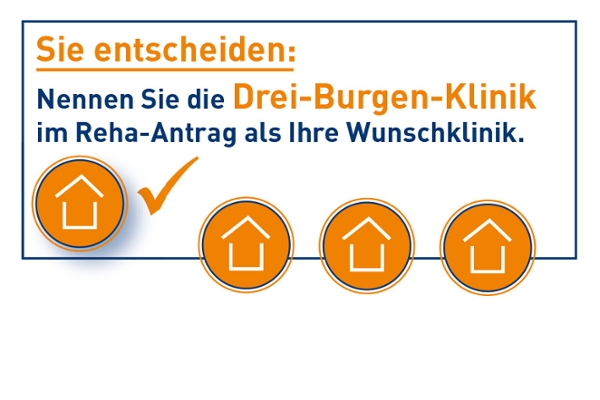 Logo mit dem Text: Sie entscheiden: Nennen Sie die Drei-Burgen-Klinik im Reha-Antrag als Ihre Wunschklinik. Logo mit dem Text: Sie entscheiden: Nennen Sie die Drei-Burgen-Klinik im Reha-Antrag als Ihre Wunschklinik.