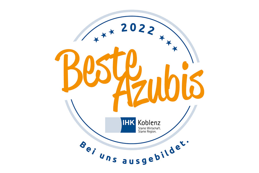 Siegel mit dem Titel "Beste Azubis" der Industrie- und Handelskammer Koblenz für einen sehr guten Ausbildungsbetrieb im Jahr 2022 Siegel mit dem Titel "Beste Azubis" der Industrie- und Handelskammer Koblenz für einen sehr guten Ausbildungsbetrieb im Jahr 2022