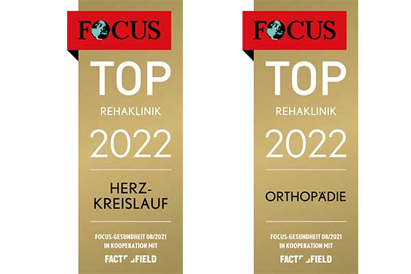 Beide Focus-Siegel aus Deutschlands größtem Reha-Klinik-Vergleich für die Indikationen Herz-Kreislauf und Orthopädie